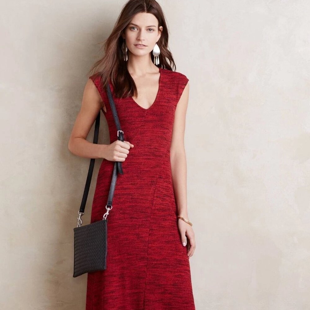 Maeve Anthropologie Red‎ Knit Midi Dress Short Sleeve Fit & Flare Size S